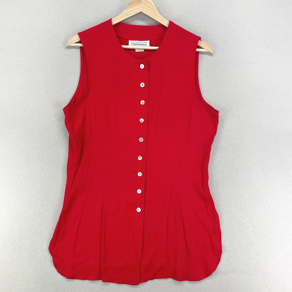VTG Vest Blouse Womens M Red Button Front Sleeveless 90s Y2K USA Made